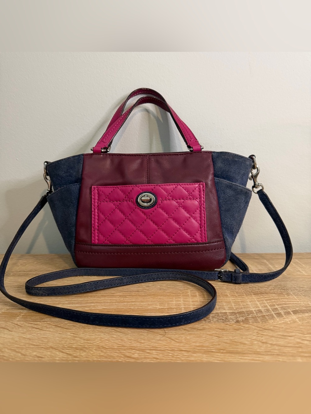 Coach Park Quilted Colorblock Mini Tote Crossbody Burgundy Pink Suede F49865